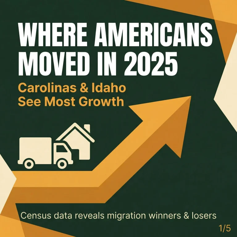 Infographic showing where Americans moved in 2025 with Census data, featuring moving truck and house icons on forest green background with amber upward arrow, text reads 'Carolinas & Idaho See Most Growth', clean modern design with cream and amber geometric shapes